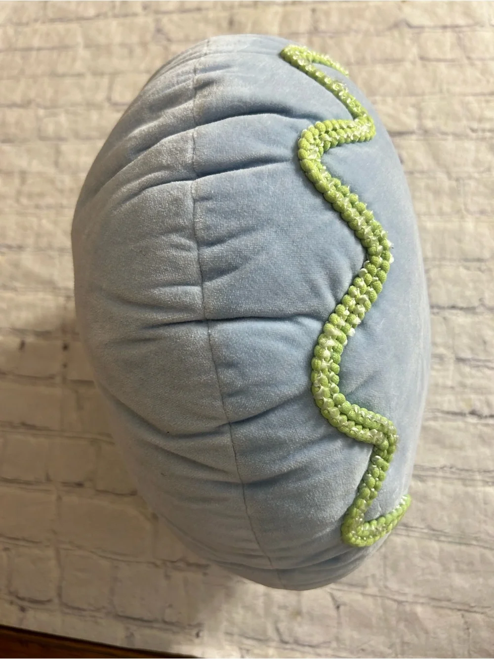 ETTA VEE BLUE VELVET WITH GREEN BRAIDED LIKE ACCENT ROUND WHIMSICAL THROW PILLOW